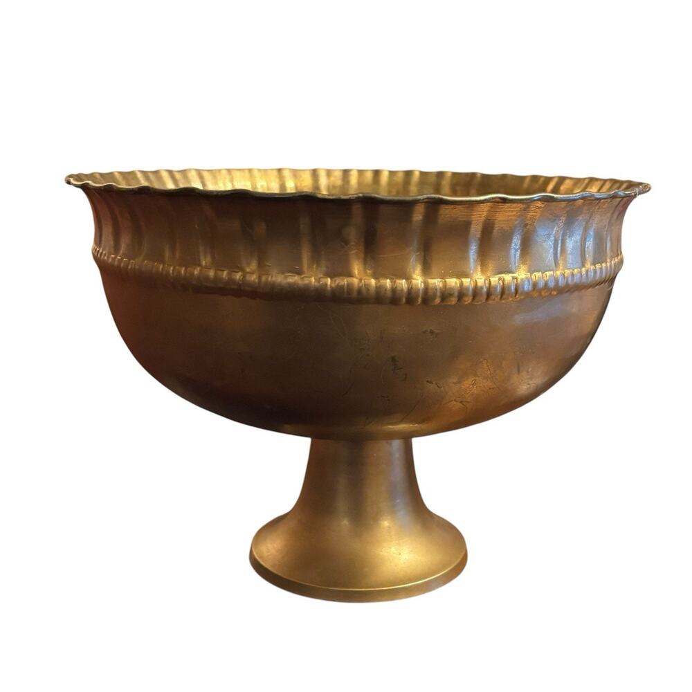 Hosley Solid Brass Pedestal Compote Bowl India 1960s–70s Vintage 9″D x 6½″ H